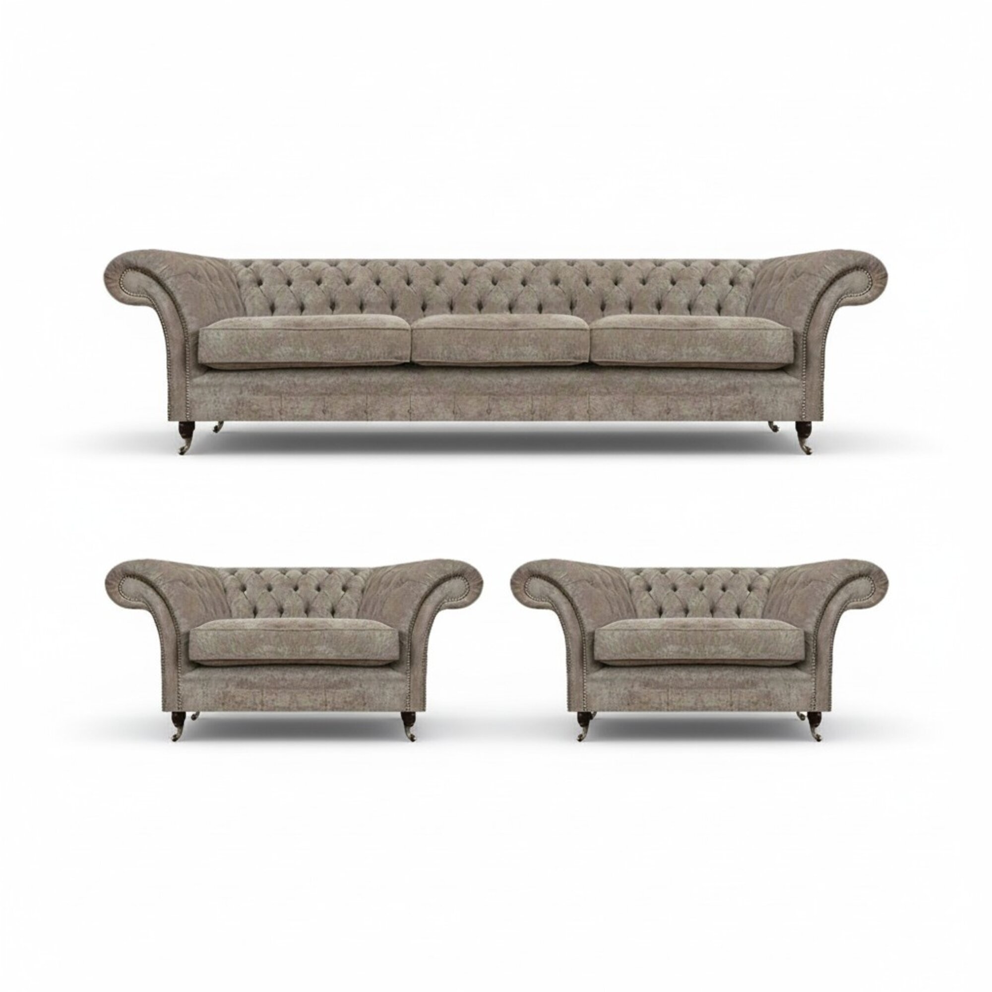 Graue Polster Chesterfield Garnitur Textilsofa 3-Sitzer 2 Einsitzer 3tlg