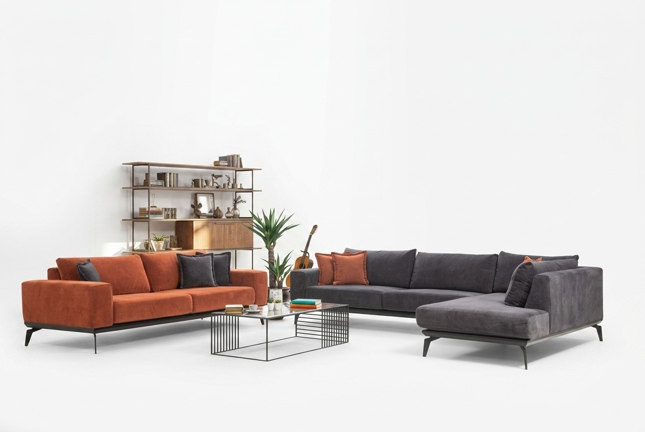 Graues Polster Ecksofa Designer Dreisitzer Stoffcouchen Wohnzimmer Set