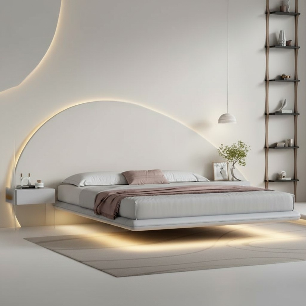 Graues Wandbett Moderne Schlafzimmer Möbel Holzgestell LED-Betten Neu