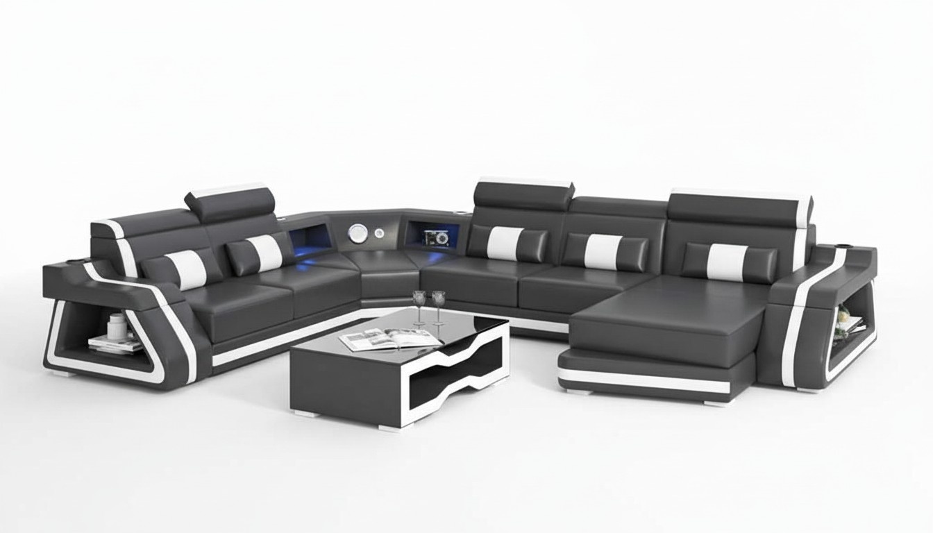 Groß Ecksofa Wohnlandschaft XXL Sofa U Form Ledersofa Schwarz Sofas