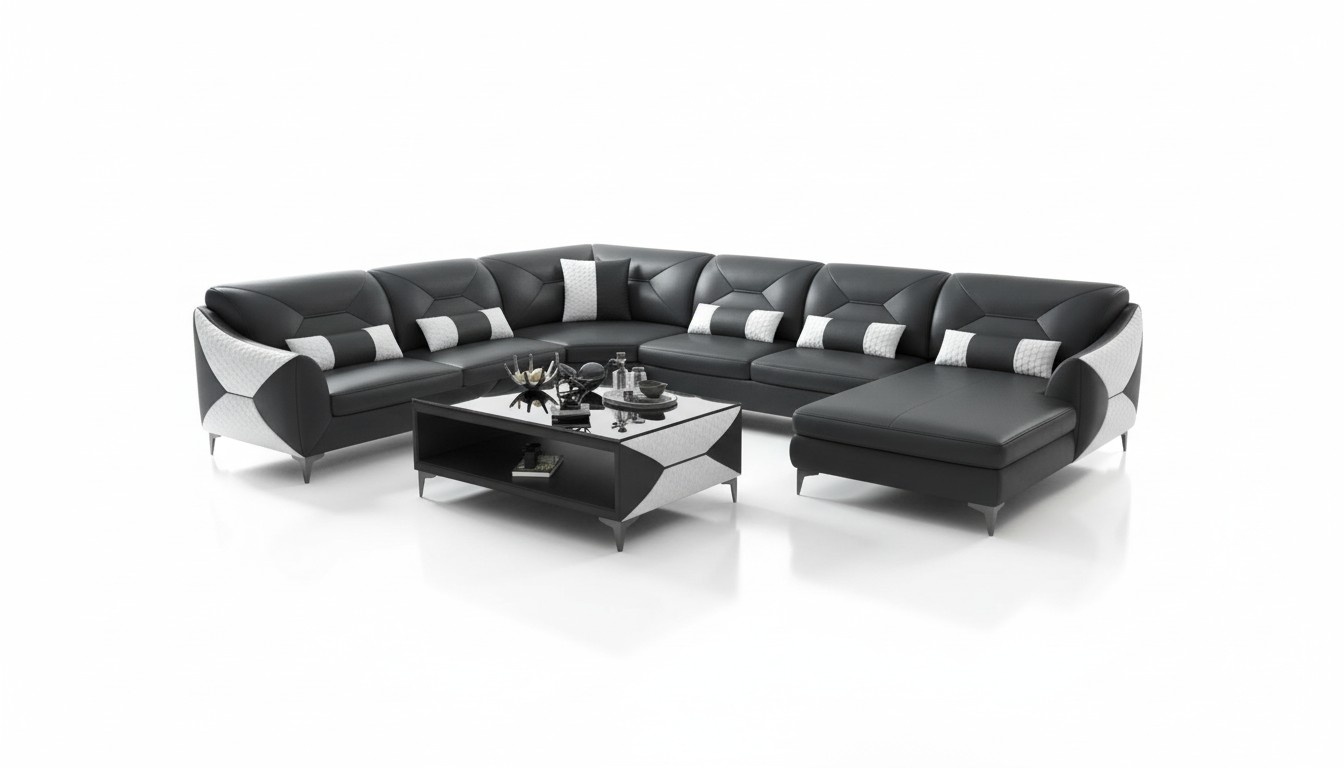 Groß Wohnlandschaft Sofa U Form Ecksofa Ledersofa Schwarz Kunstleder