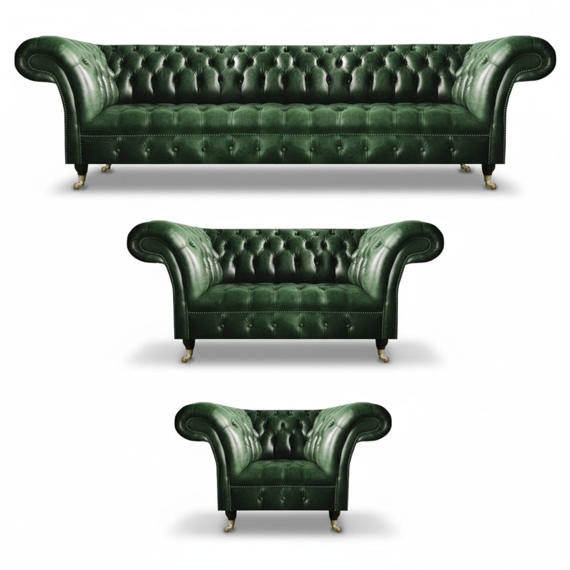 Grün Leder Sofas Set 3tlg Wohnzimmer Sofagarnitur Polstermöbel Chesterfield
