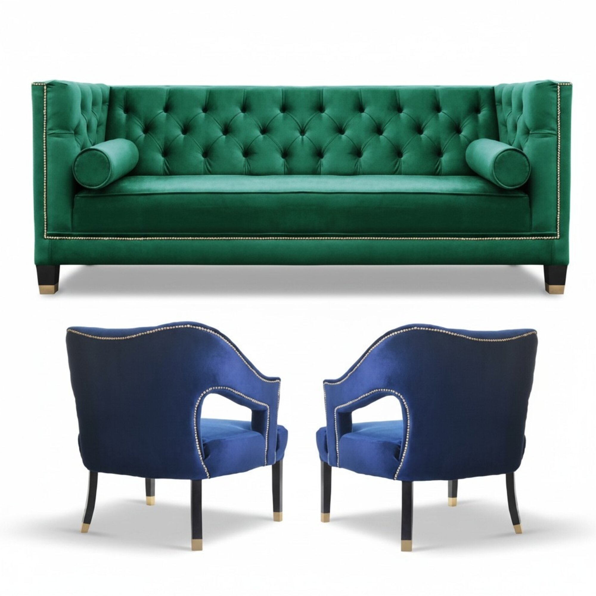 Grün Sofagarnitur 3tlg Set Couch Garnituren Sitz Polster Chesterfield Set Samt