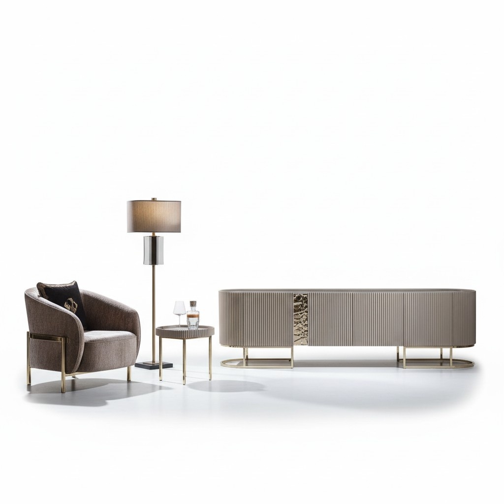 Gruppe Sessel Wohnzimmer Beistelltisch Beige Stoff TV Ständer Set 3tlg