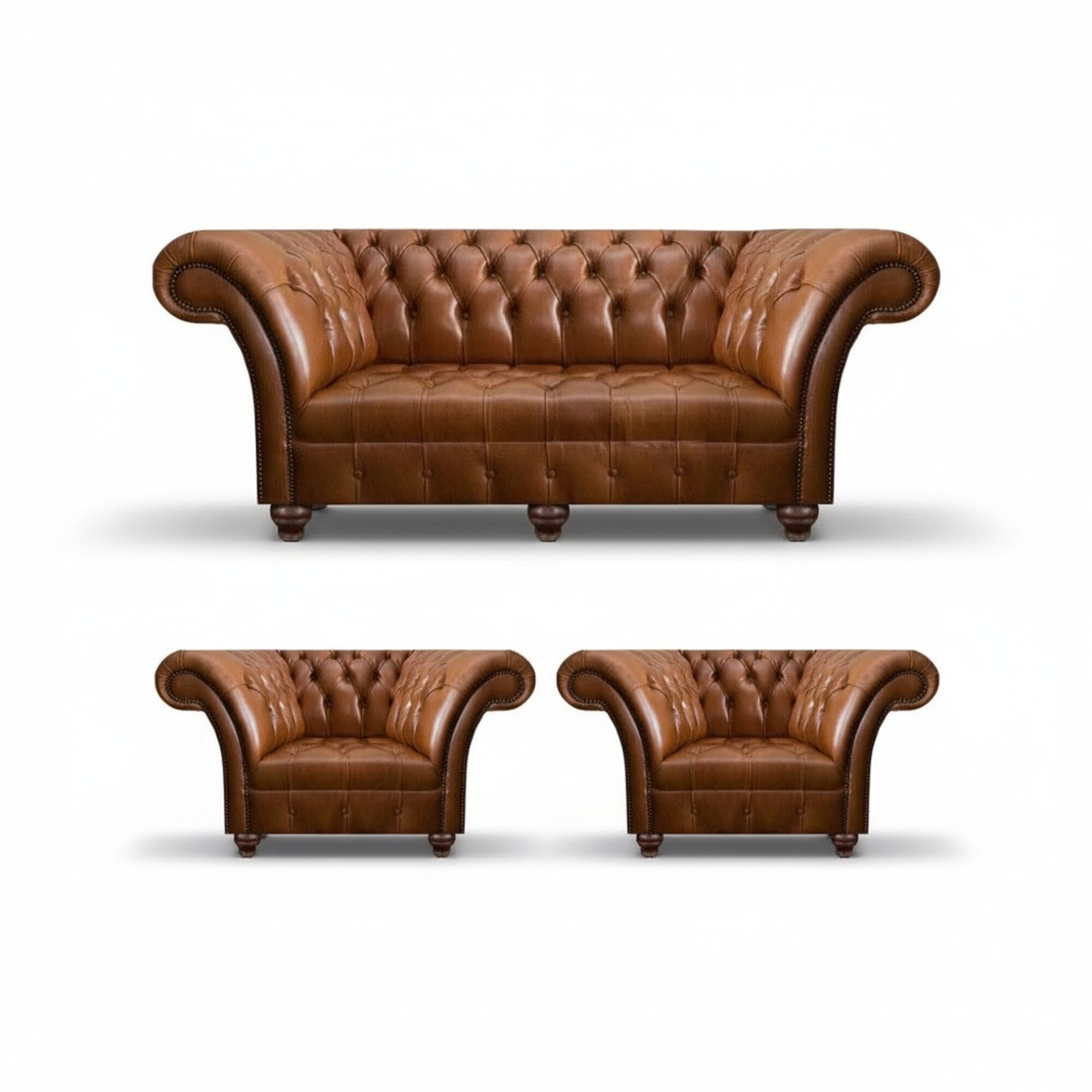 Hellbraunes Chesterfield Ledersofa Designer 2x Ledersessel Lehnsessel
