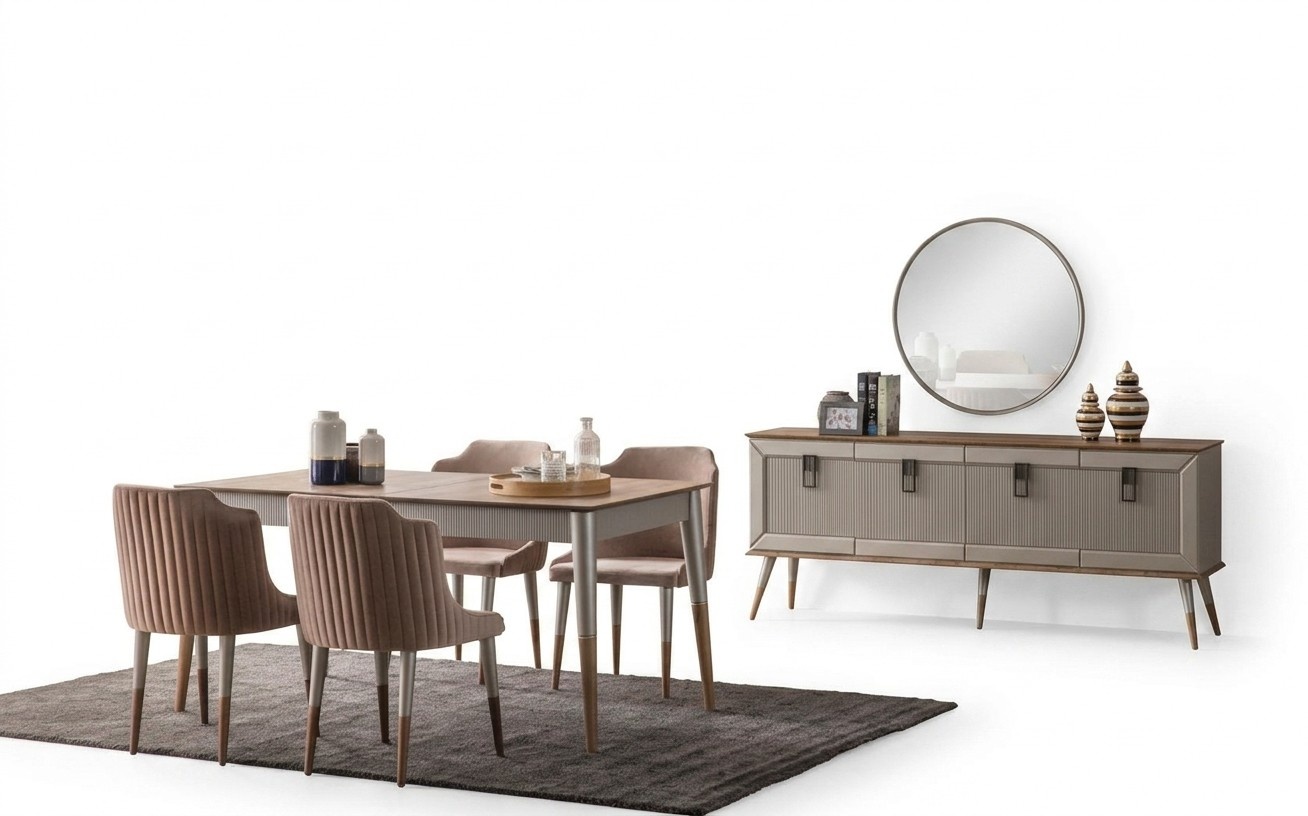 Helle Esszimmer Garnitur Robuster Esstisch Luxuriöses Sideboard 9tlg