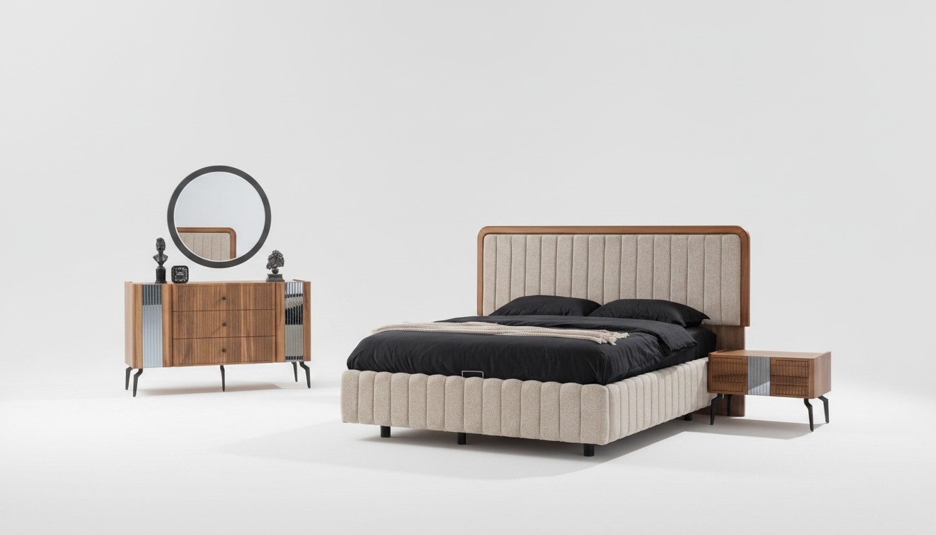Helle Schlafzimmer Möbel Doppelbett Schminktisch Spiegel 2x Nachttische