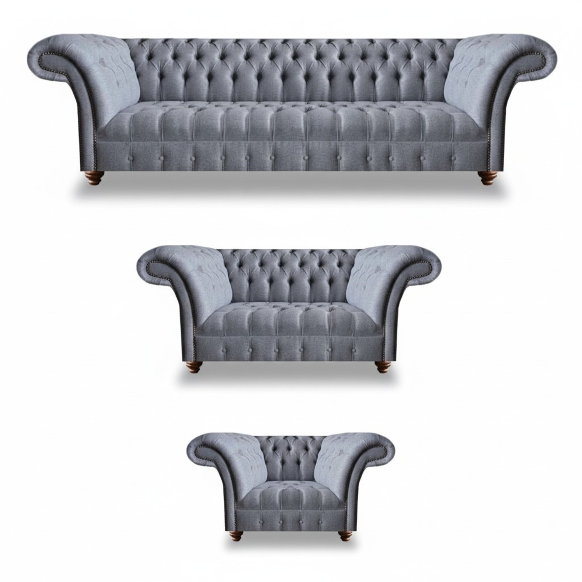 Hellgraue Chesterfield Polstergarnitur Designer Textil Sofas Sessel 3tlg
