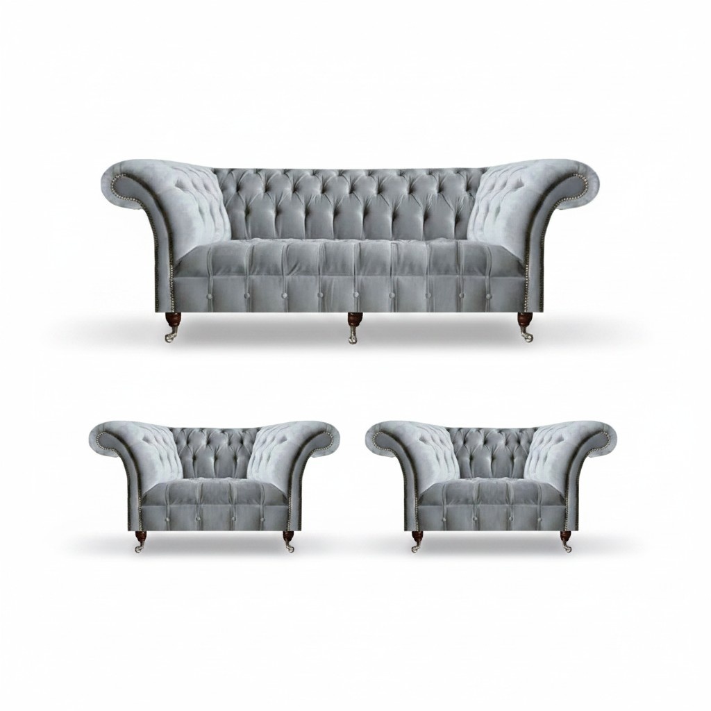 Hellgraue Chesterfield Sitzgarnitur Dreisitzer Einsitzer 2x Sessel 3tlg