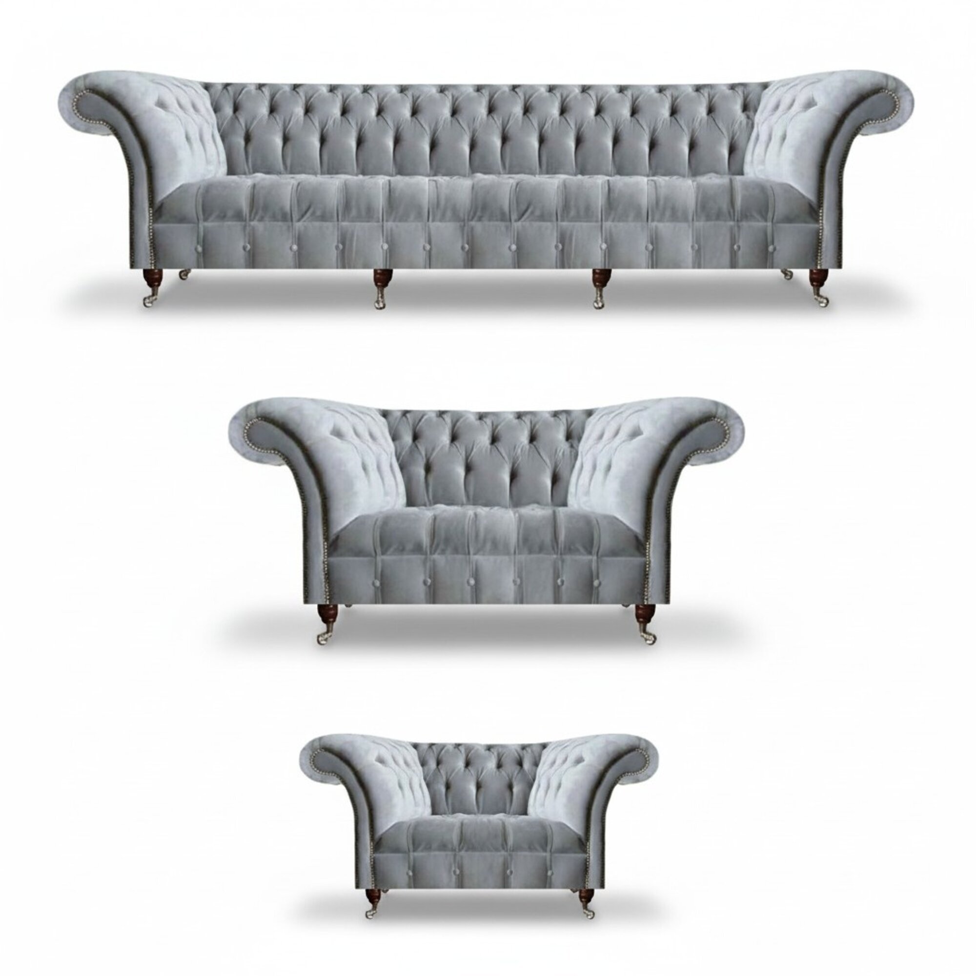 Hellgraue Wohnzimmer Chesterfield Sofas Sessel 2-Sitzer Viersitzer 3tlg