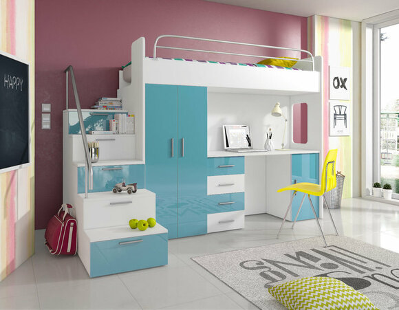 DOPPELSTOCKBETT STOCKBETT BLAU BETT KINDERZIMMER ETAGENBETT MIT SCHREIBTISCH