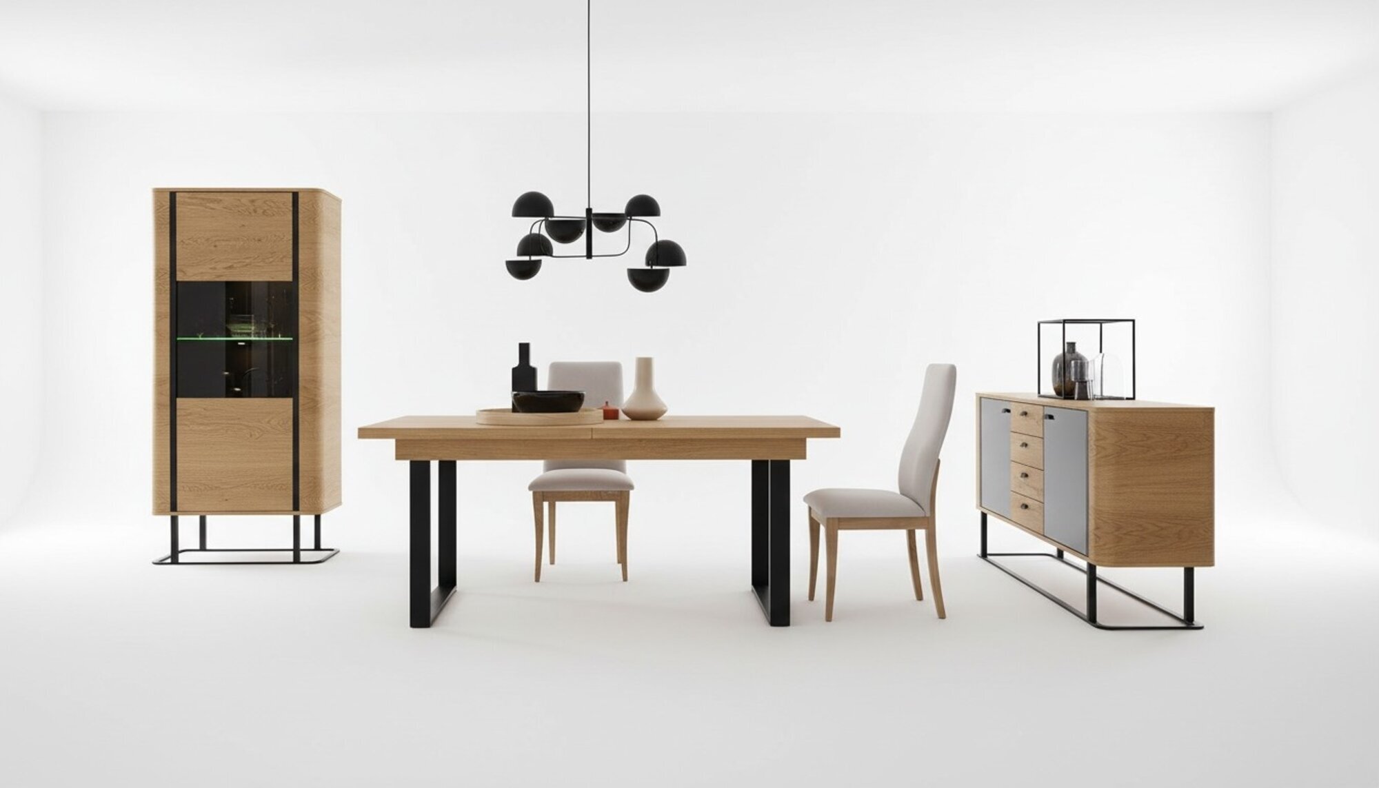 Hochwertes Wohnzimmer Möbel Set Vitrine + Esstisch + Sideboard Kommode