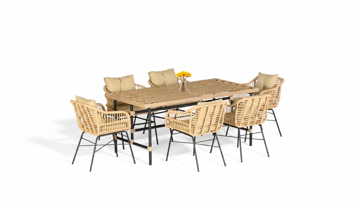 Hochwertiges Rattan Set Garten Möbel Essgruppe 7 tlg. Esstisch Stühle Modern Lux