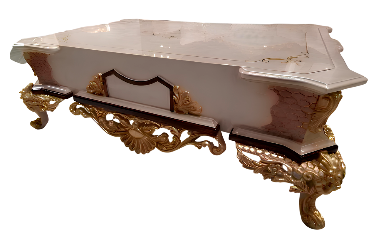 Klassischer Couchtisch Weiß mit Gold Farbe – Luxus Wohnzimmertisch Holz