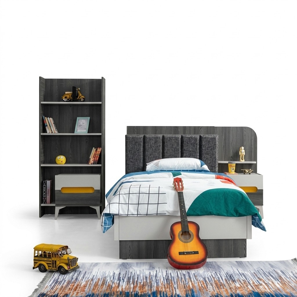 Kinderzimmer Kinderbett Bett Nachttisch Buecherregal Holz Möbel Grau Set