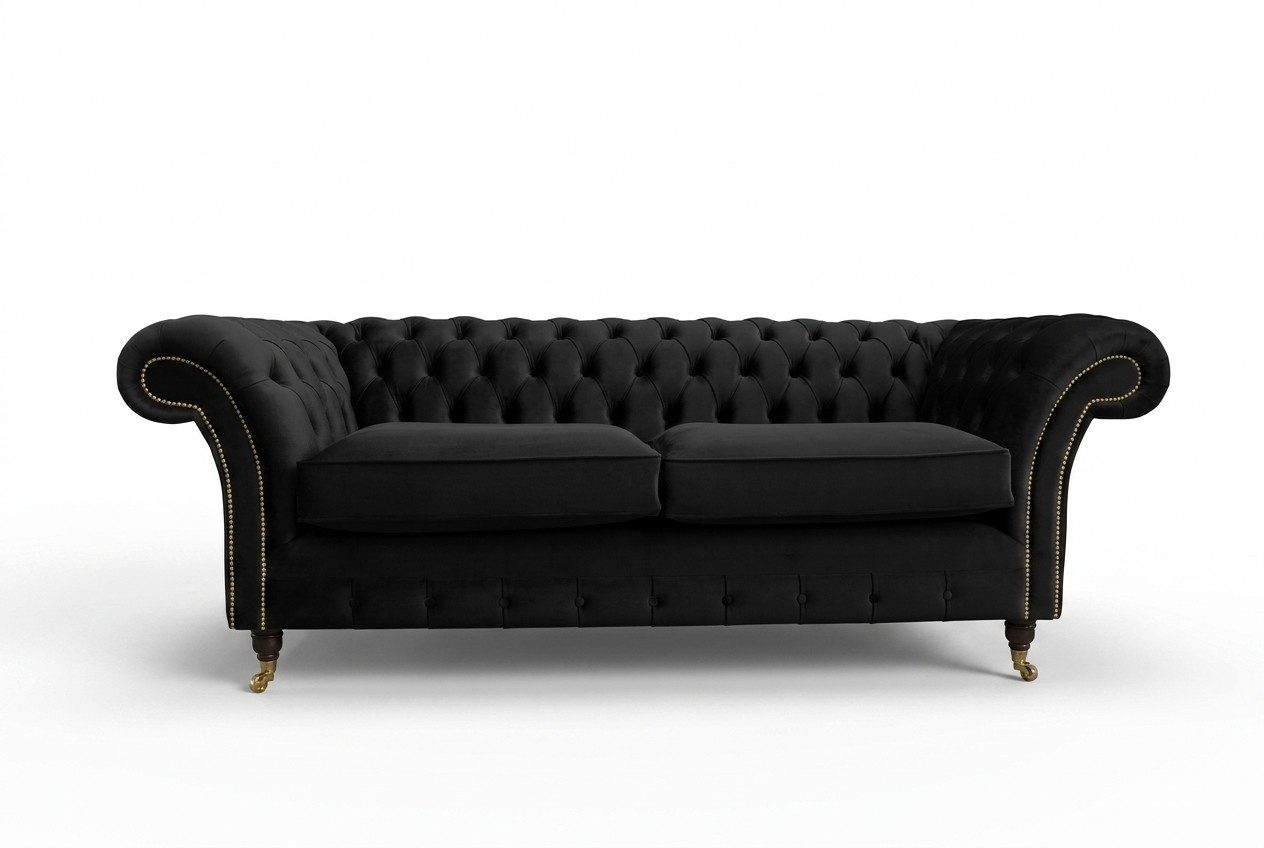 Klassische Chesterfield Schwarz Textil Leder Couch Sofa Sitz Polster Stoffsofas