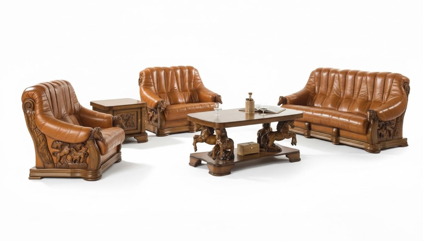Klassische Sofagarnitur Couch Polster Sitz Sofa Leder Holz 3+2+2 Set Garnitur