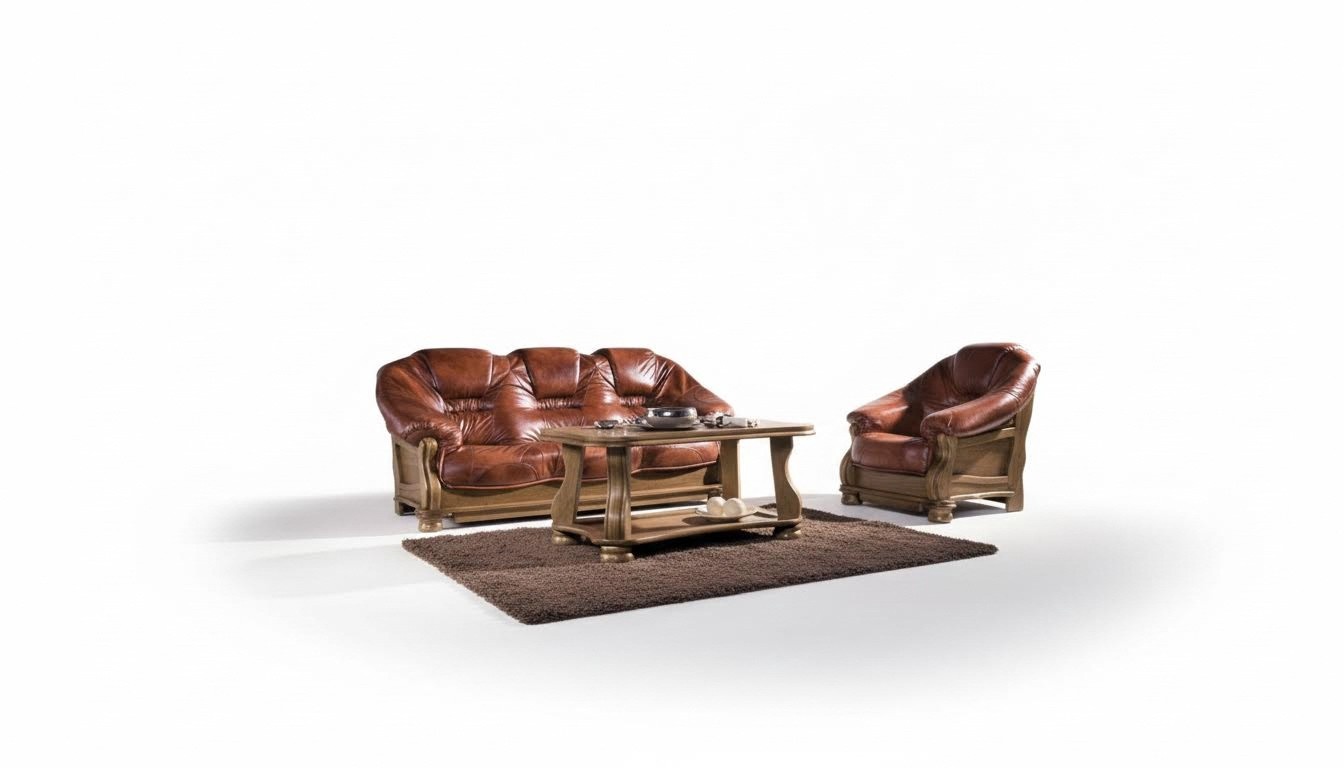 Klassische Sofagarnitur Couch Polster Sitz Garnitur Sofa Leder Holz 3+2+2 Set