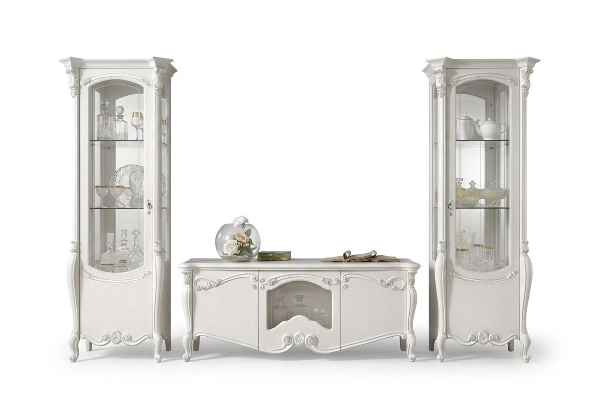 Klassische Wohn Wand Wohnzimmer Sideboard Vitrine RTV Regal Wände Schrank 3tlg.