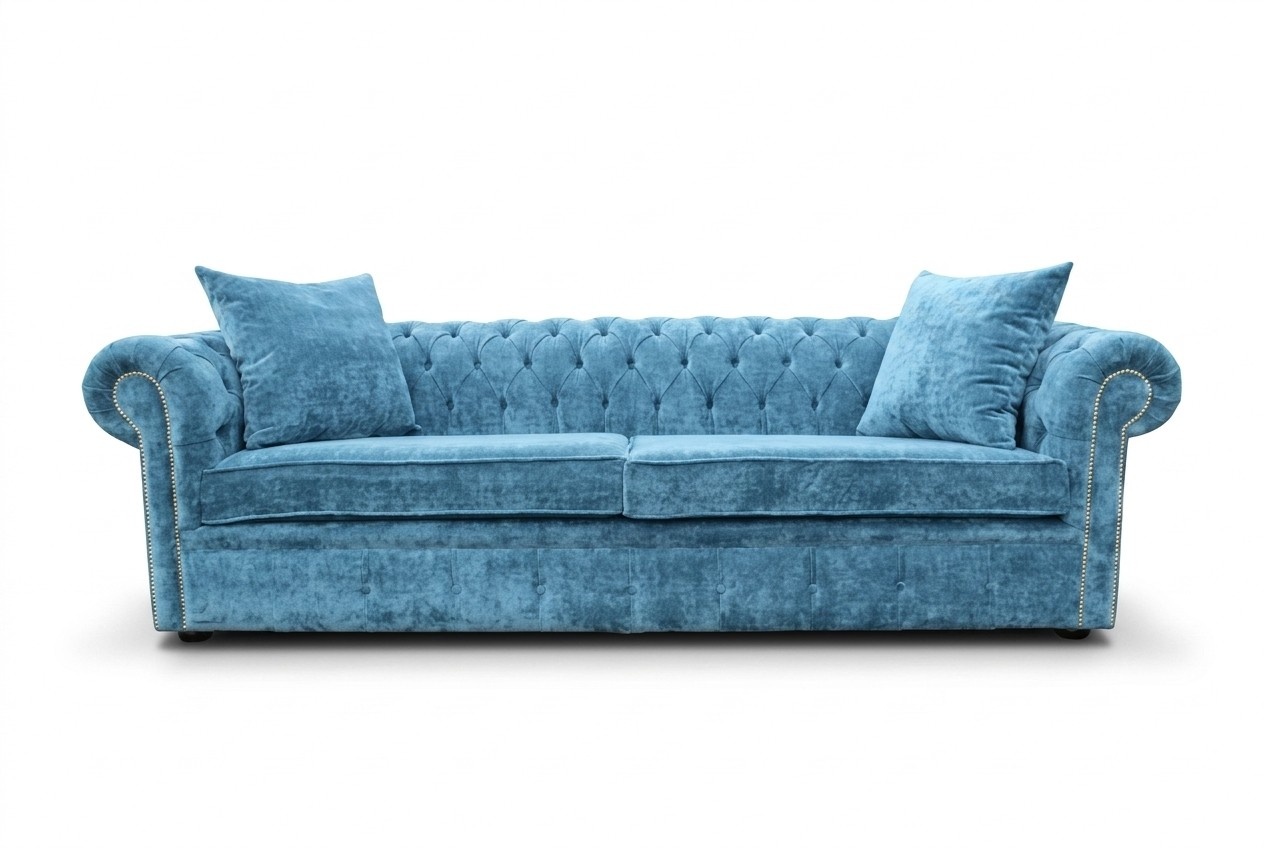 Klassische Wohnzimmer Sofa - Blaue Chesterfield Stoff Couch 3 Sitzer