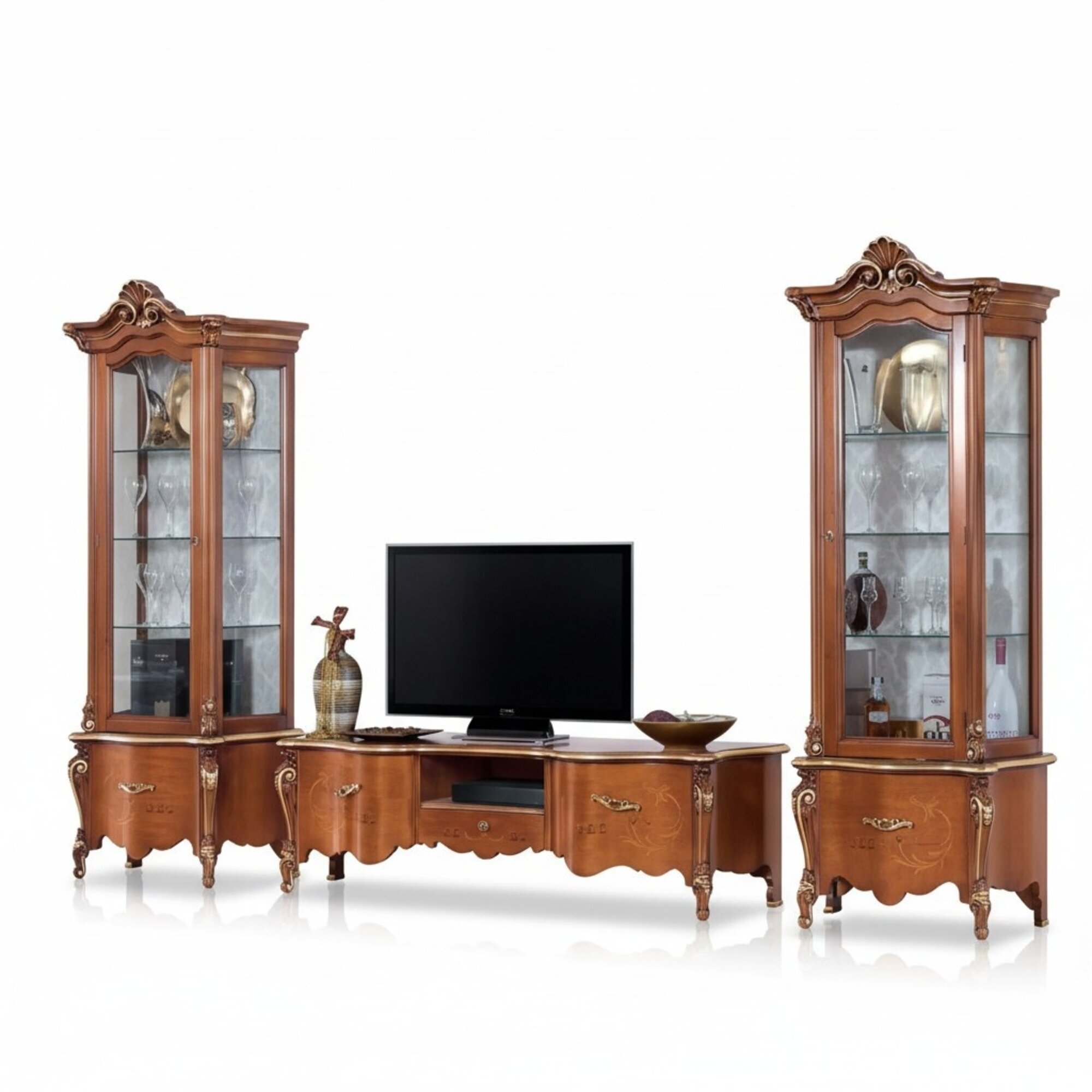 Klassischer TV-Ständer Luxus 2x Vitrine Wohnzimmer Möbel Wohnwand Holz