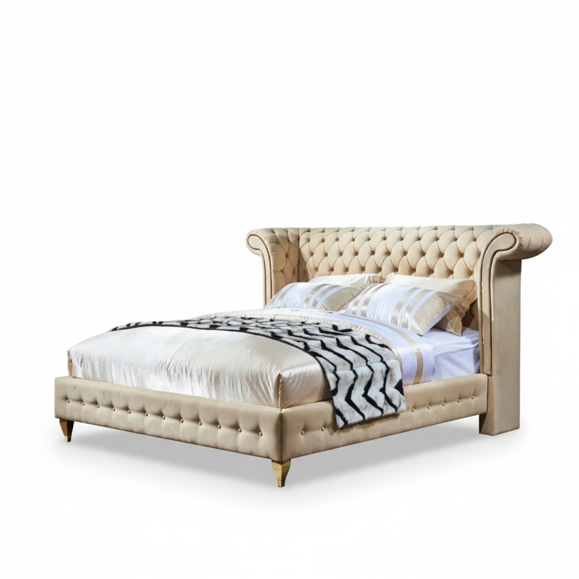 Klassisches Schlafzimmer Bett Beige Textil Betten Leder Polster Doppel
