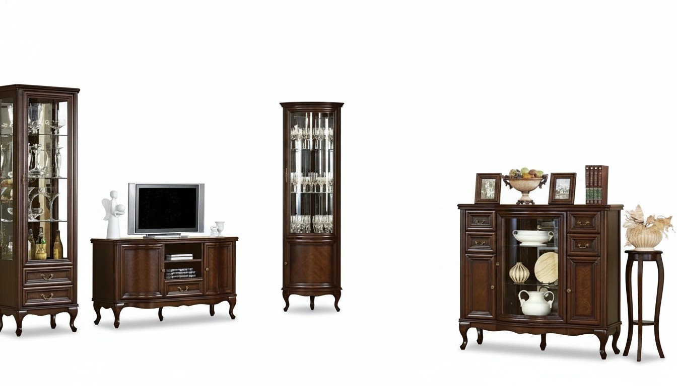 Klassisches Wohnzimmer Set Braun Glasvitrine Eckvitrine Stilvoller TV-Lowboard