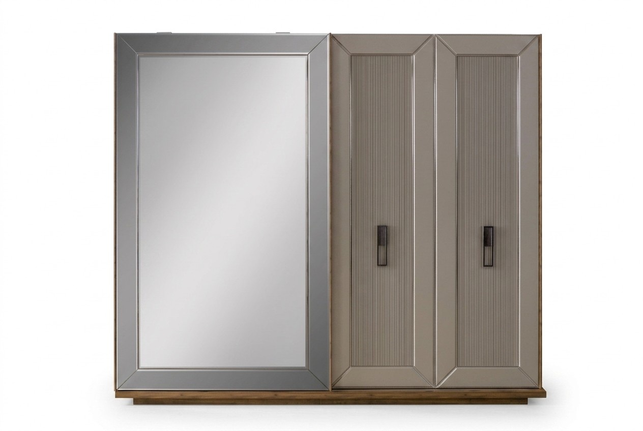 Kleiderschrank Garderobenschrank Schrank Spiegel Holzschrank Beige