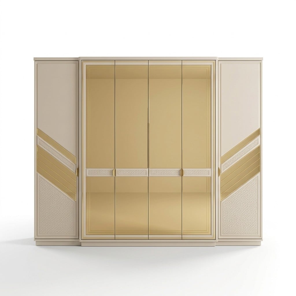 Kleiderschrank Spiegeltür Wardrobe Stoffschrank Beige Gold Schlafzimmer