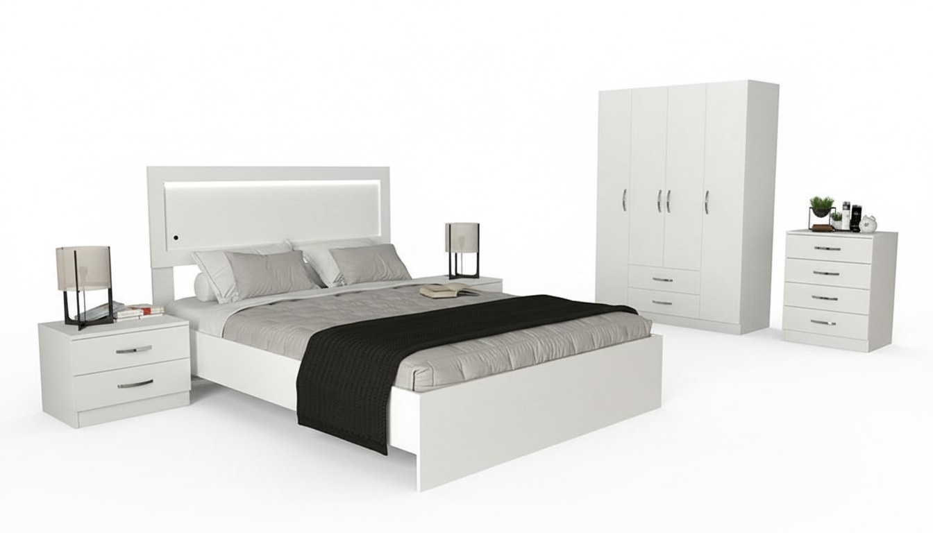 Komfortables Schlafzimmer Möbel Set 2x Nachttische Kommode Bett Schrank 5tlg.