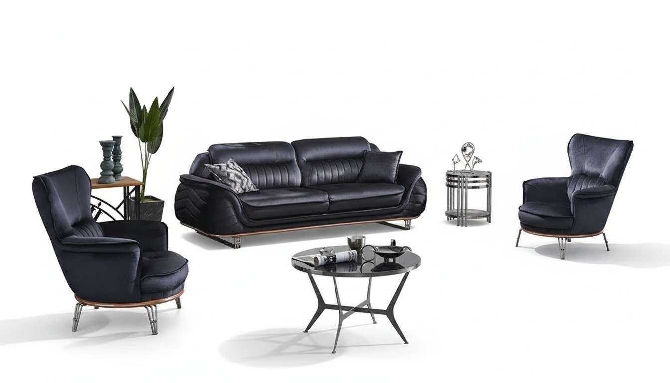 Komplett Sofas 3+1+1 Sitzer Wohnzimmer Schwarz Luxuriöse Sofagarnitur