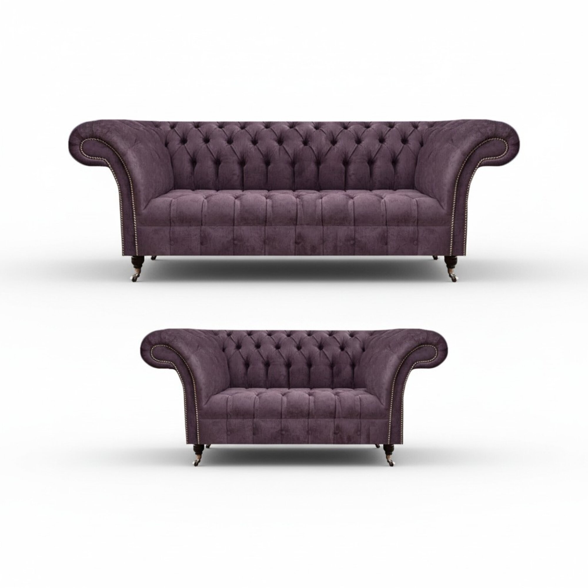 Komplette Chesterfield Lila Sitzgarnitur 2x Sofas Dreisitzer 2-Sitzer