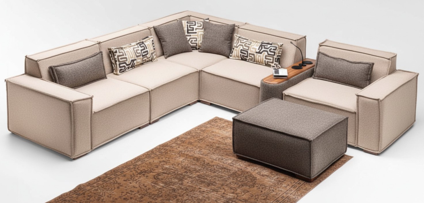Komplette Ecksofa L form Hocker Polstersofa Stoffsofa Beige Sofa Couch