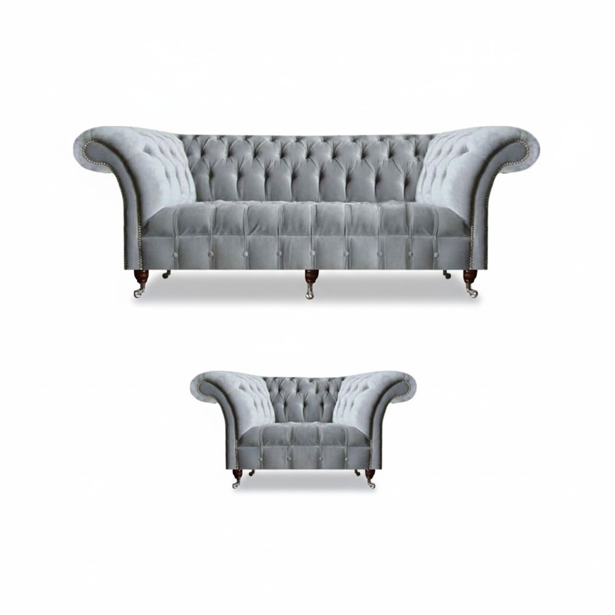 Komplette Graue Chesterfield Sitzmöbel Edler Lenhsessel 3-Sitzer Couch