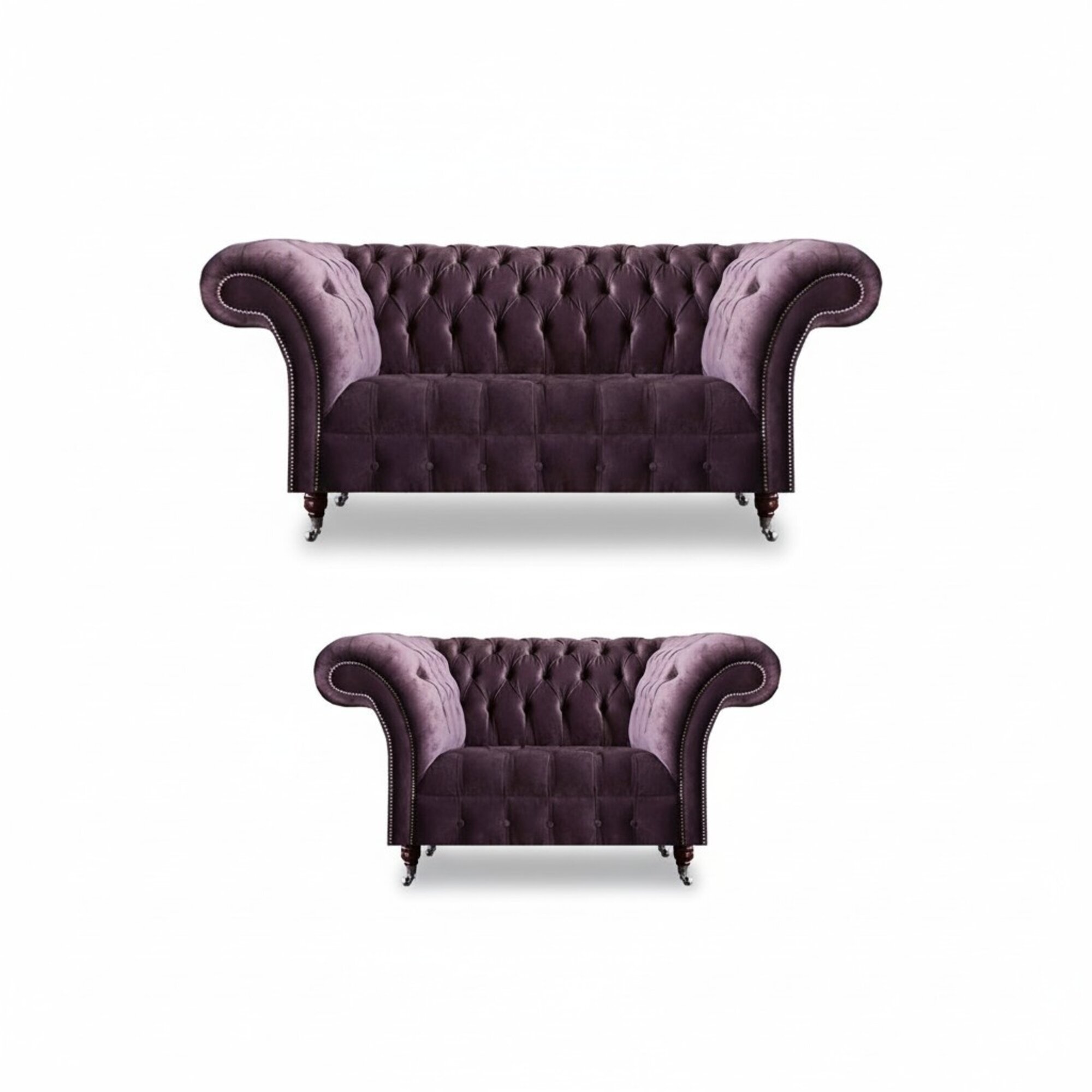 Komplette Lila Chesterfield Sitzgarnitur Textil Dreisitzer 2-Sitzer 2tlg
