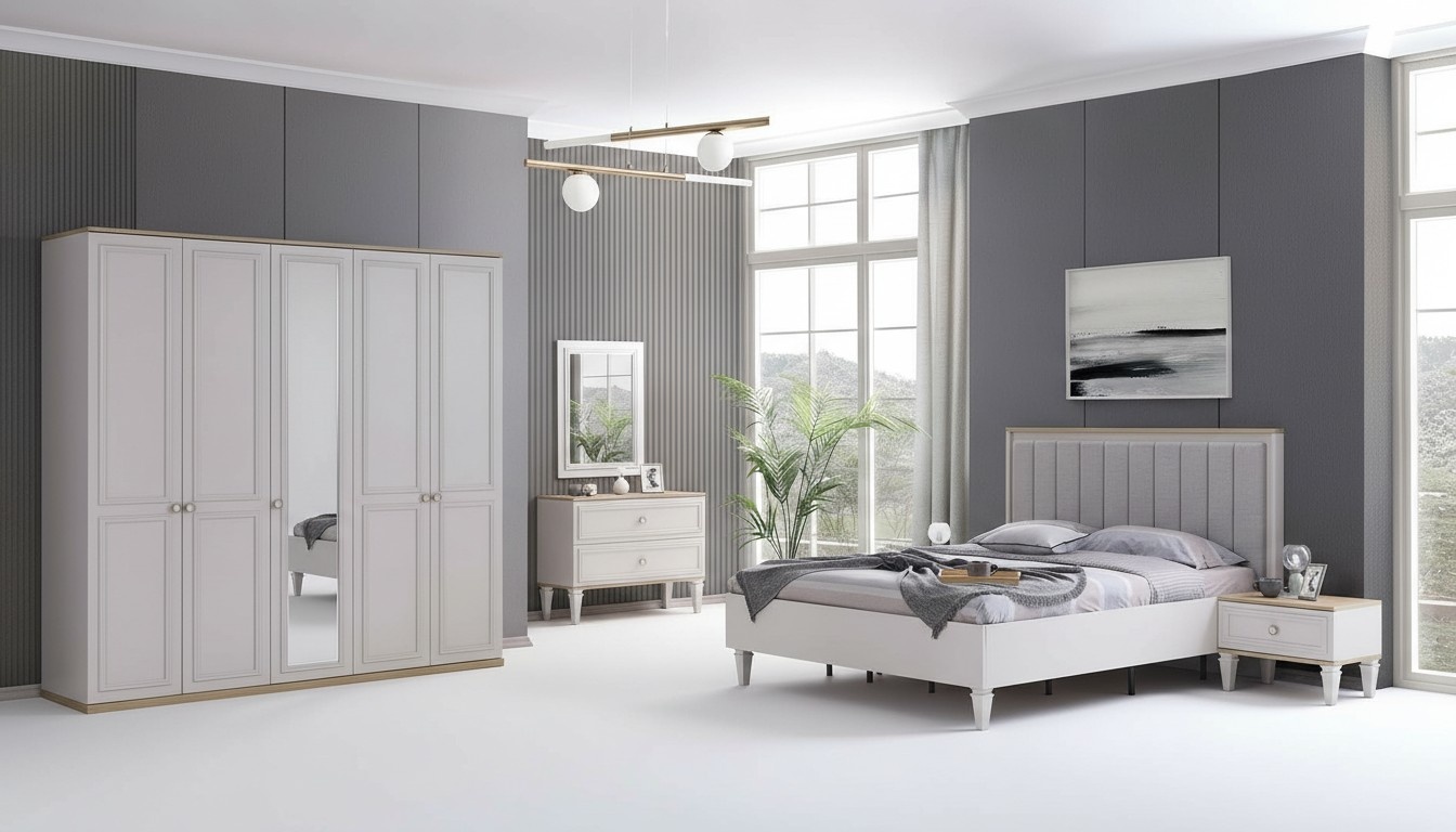 Komplette Schlafzimmermöbel Moderne Betten Holz 6tlg Schlafzimmer Grau
