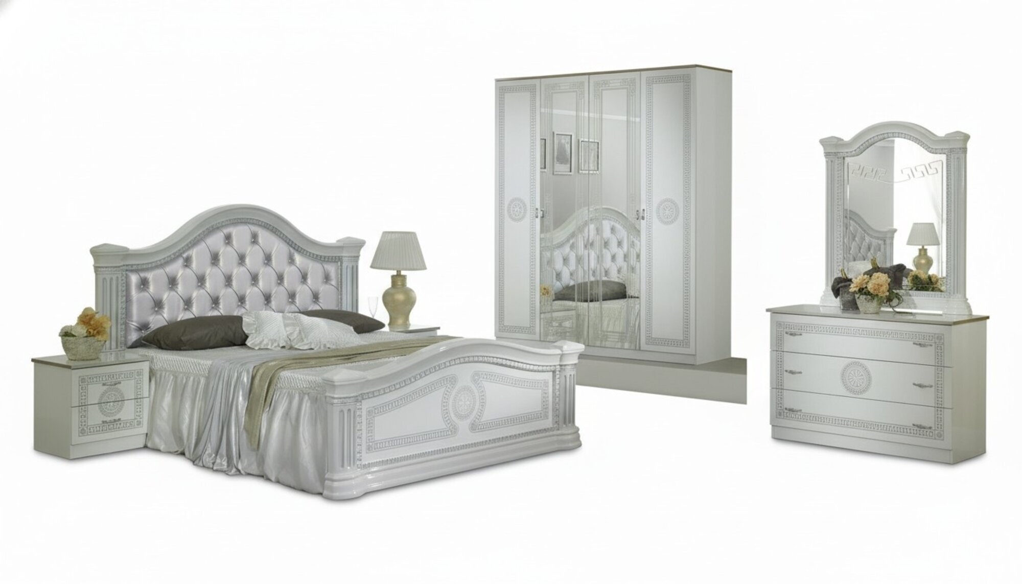 Komplettes Schlafzimmer Set Design Modern Luxus Bett 2x Nachttisch 6 tlg