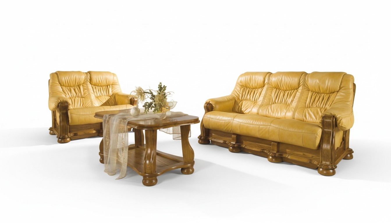 Landhaus Stil Ledersofa Sitz Polster Garnitur Holz 3+1+1 Sofagarnitur Couch