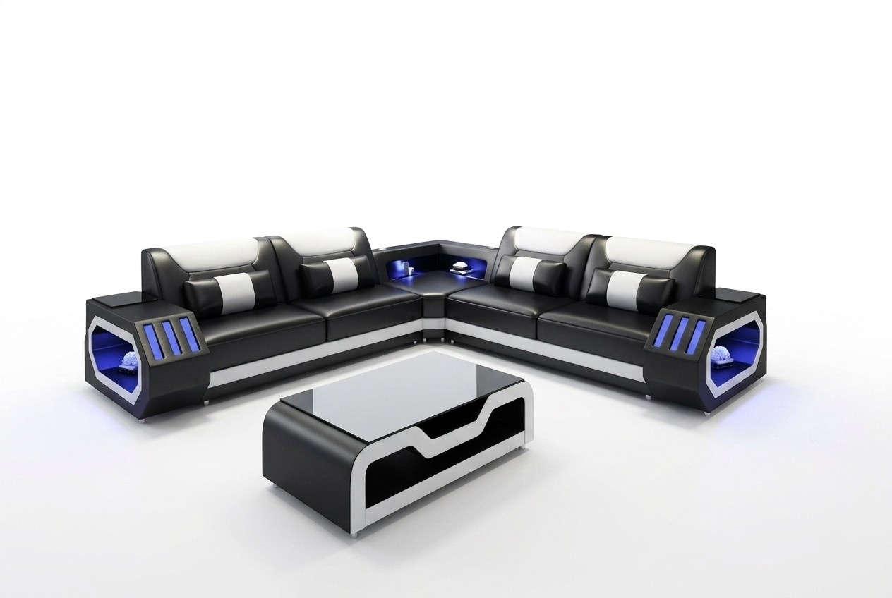 LED Beleuchtete Ecksofa Wohnzimmer Leder Couch Sitz Polster