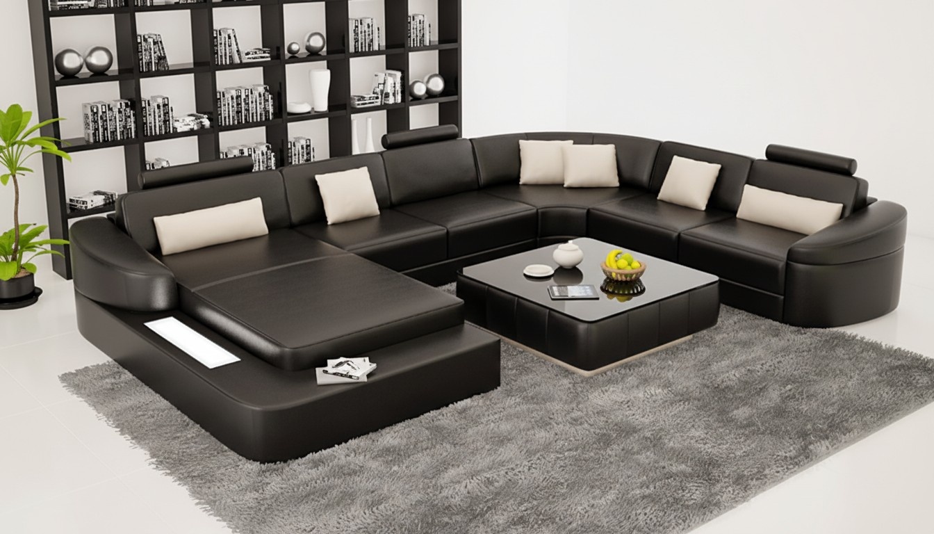Leder Modern Couch Wohnlandschaft Ledersofa Sofagarnitur Möbel Sofa U-Form Neu