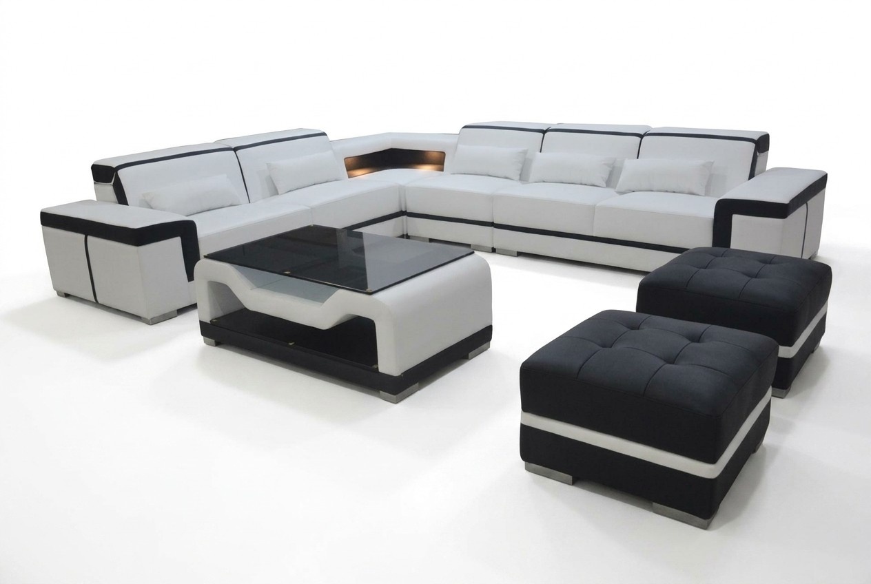 Leder Sofa mit USB Polster Eck Couch Garnitur Wohnlandschaft Tisch Hocker