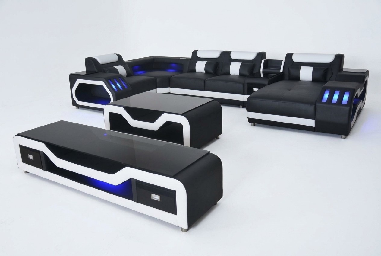 Leder Sofas Eck Garnitur Design Sofa Wohnlandschaft + Couch Tisch + RTV USB Neu