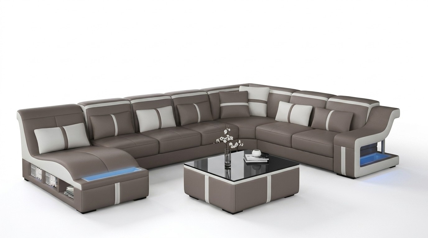 Ledersofa Wohnlandschaft Ecksofa Garnitur Design Modern Sofa U-Form mit USB Neu