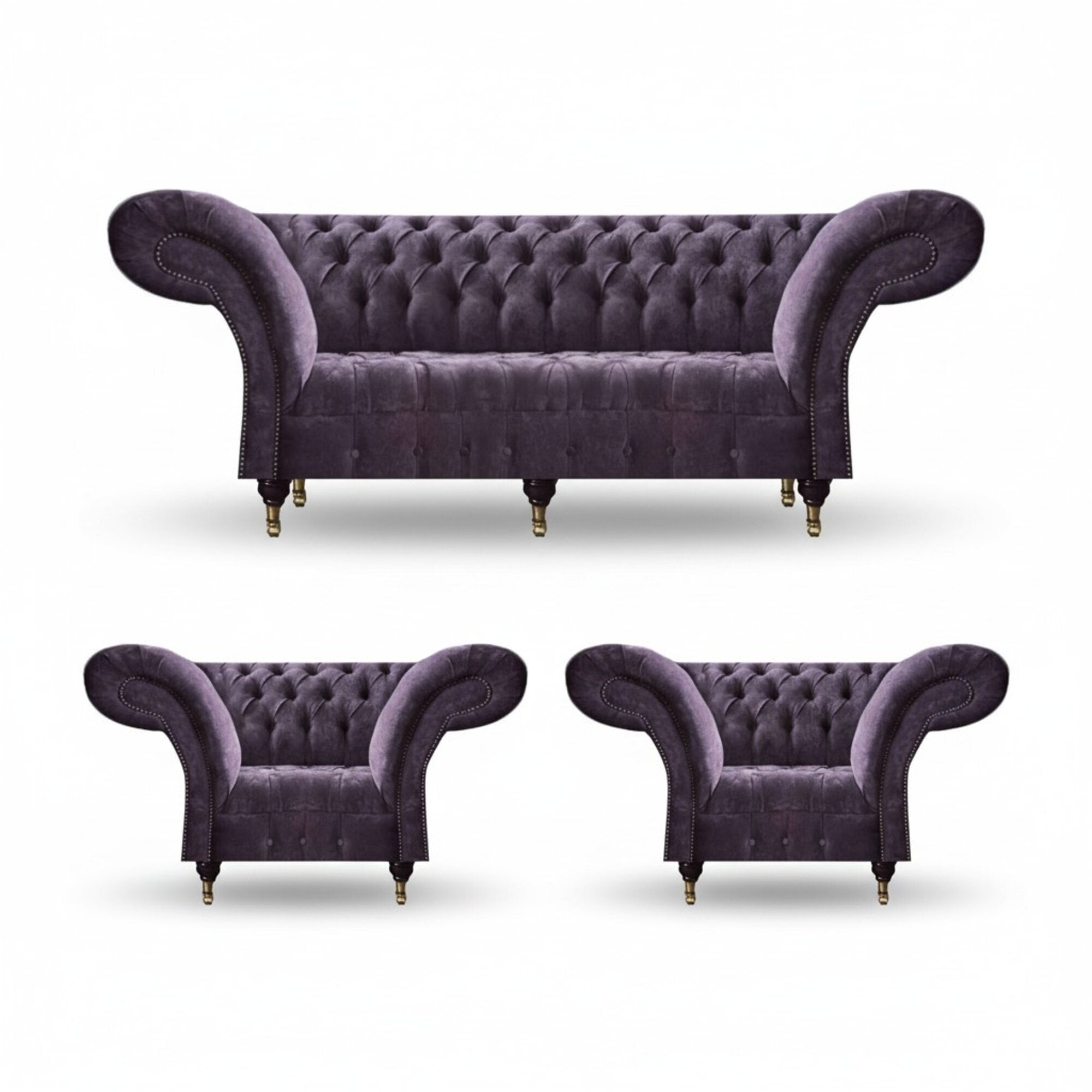Lila Chesterfield Polstergarnitur Wohnzimmer 3-Sitzer Designer 2x Sessel