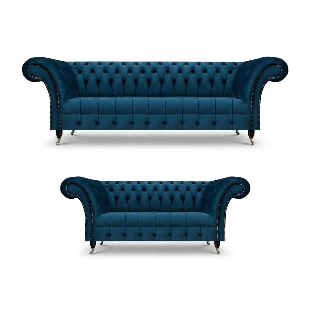 Luxuriöse Blaue Chesterfield Textilgarnitur 3-Sitzer Sofa Zweisitzer