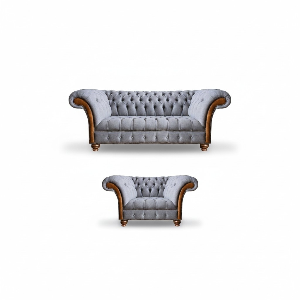 Luxuriöse Chesterfield Hellgraue Sofagarnitur Polstersofas Edler Sessel