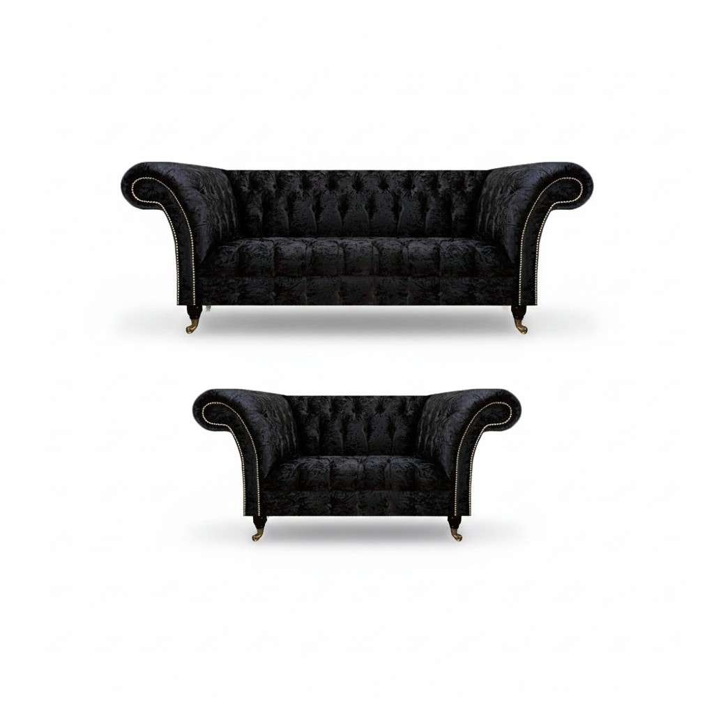 Luxuriöse Chesterfield Schwarze Textil Sitzgarnitur Wohnzimmer Möbel