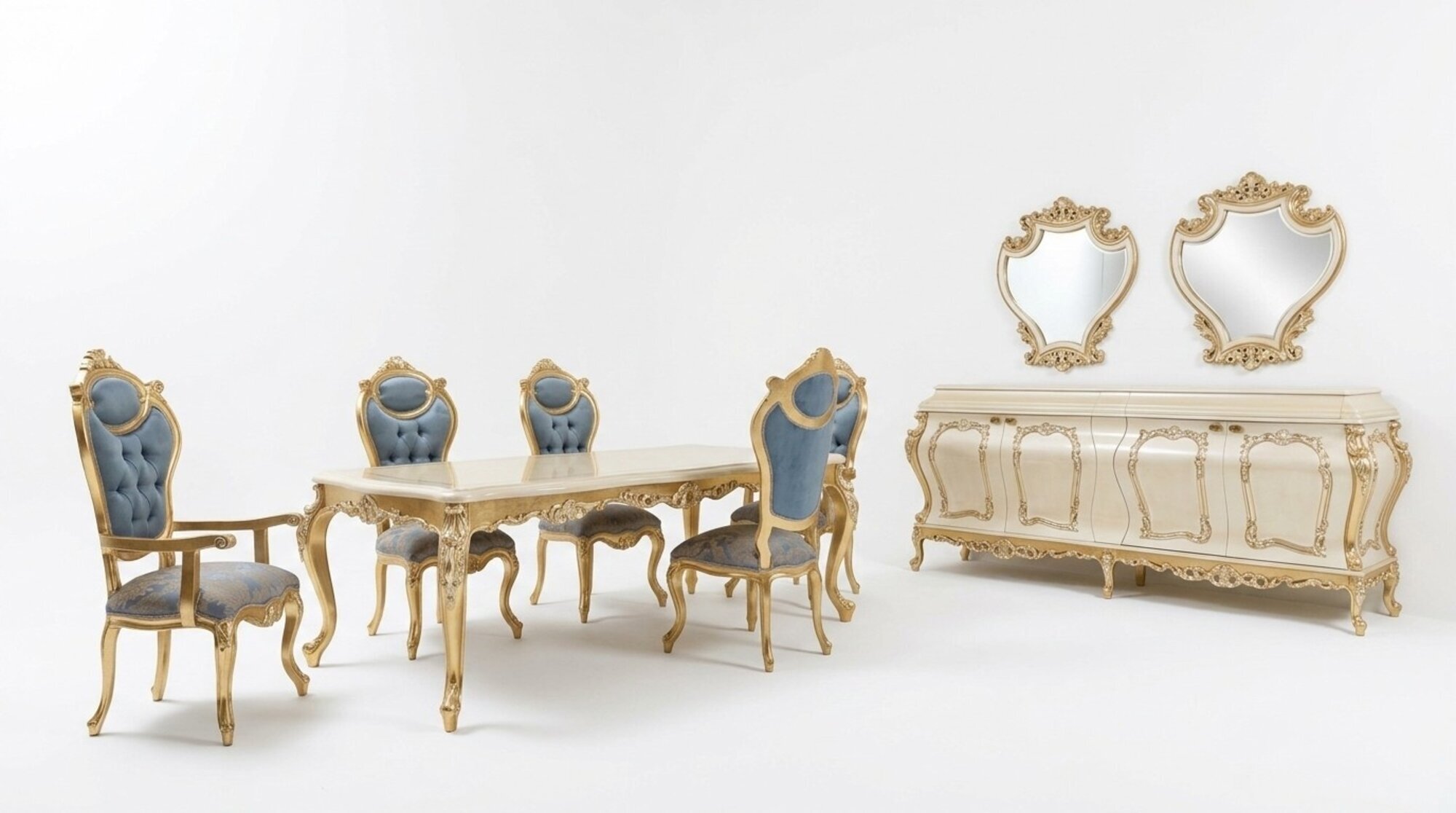 Luxuriöse Esszimmergarnitur Esstisch 6x Stühle Anrichte Vitrine Spiegel