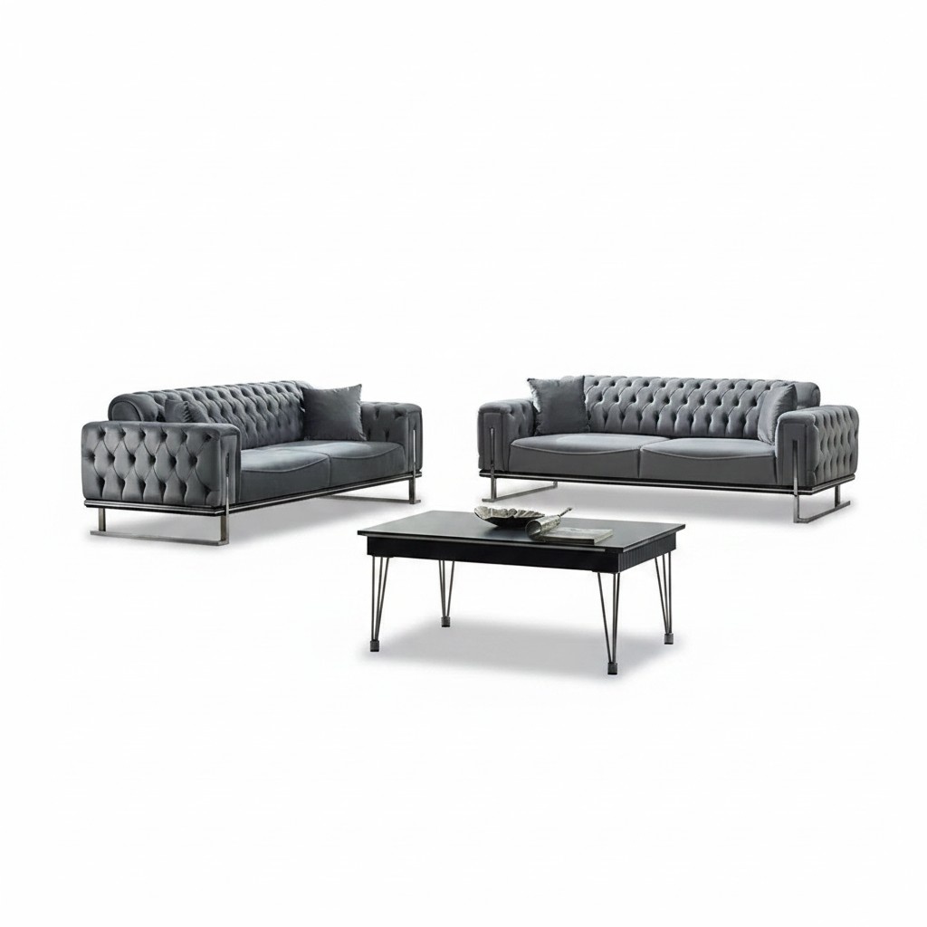 Luxus 2x Sofa Dreisitzer Couchen Chesterfield Grau Polstermöbel Wohnzimmer
