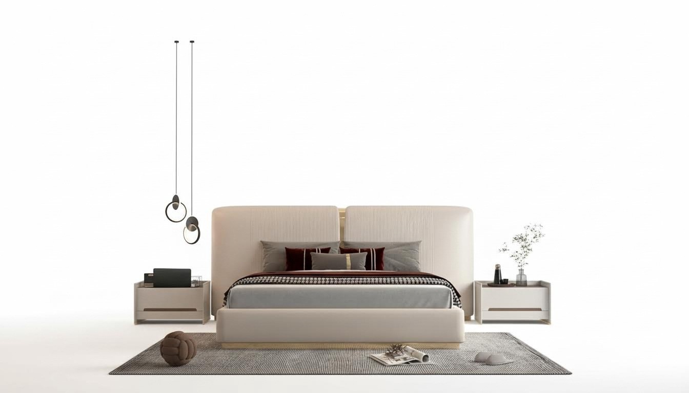 Luxus Beige Bett mit Gold Akzenten Modernes Design Kopfteil für Schlafzimmer